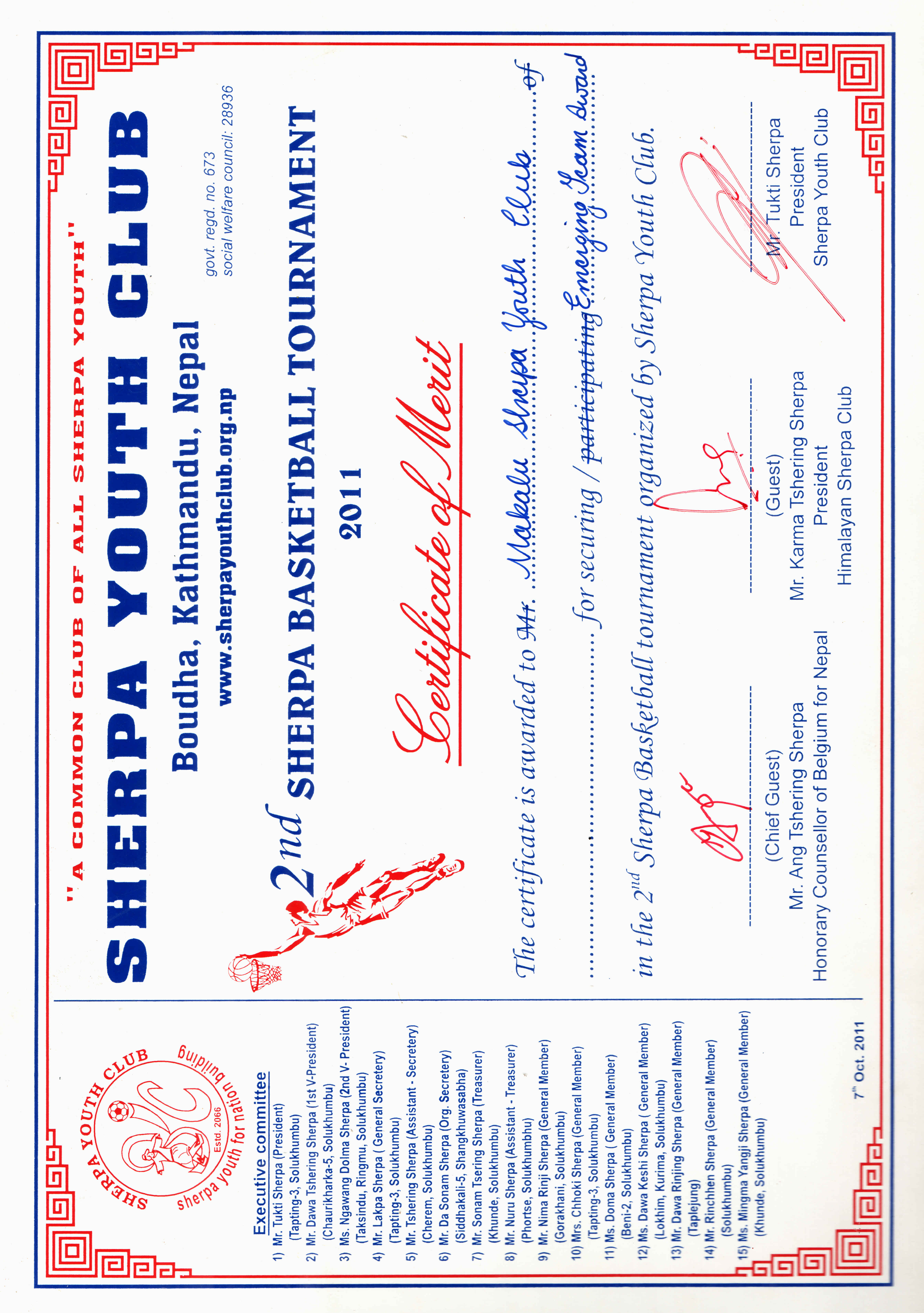 Merit award by Sherpa Youth Club